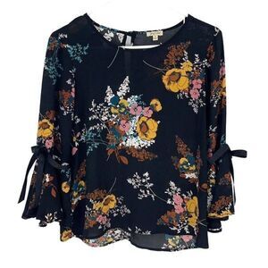 Lily White Womens Floral Bell Sleeve Chiffon‎ Blouse Multicolor Size Medium